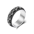 Retro stainless steel spinner ring with 3D evil eye relief in vintage silver finish - Size 6 / Steel