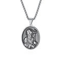 Collier vintage en acier titane avec pendentif ovale portrait de saint en argent vieilli - Style Saint au Bâton (Style E) / Pendentif uniquement / Acier