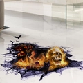Detailed 3D Halloween floor decal featuring a flaming skull, pumpkins, and black cat design - Flame Skull Pumpkin Style (FX-C71)