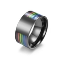 Polished black stainless steel wide ring featuring rainbow pride LGBTQ stripes on white background - Size 7 / Blank
