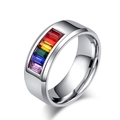 Polished titanium steel ring featuring rectangular rainbow zircon stones inlay - 5# / Steel