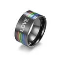 Polished black stainless steel LOVE ring with colorful rainbow stripes for LGBTQ+ pride - Size 7 / LOVE