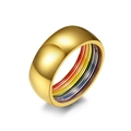 Polished gold stainless steel band ring featuring vibrant rainbow enamel inner stripes - Size 7 / Gold