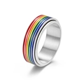 Spinner rainbow ring in silver stainless steel finish with vibrant enamel rotating band - Size 6 / Steel