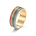 Golden stainless steel spinning ring with vibrant rainbow enamel stripes for pride - Size 6 / Gold