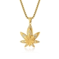 Collana hip hop placcata oro 18K con ciondolo a foglia d'acero e cristalli bianchi - Con Catena a Scatola / Oro