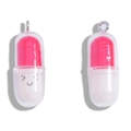 Pink and white pill capsule pendant with cute smiley face for DIY jewelry making - Red