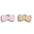 Pendentif nœud en émail rose avec pois dorés pour bijoux DIY, vue avant et arrière - 7x12mm / Rose