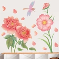 Detail of pink watercolor flower wall decals with dragonfly and scattered petals - Pink Peony Dragonfly Petals (LD96072)