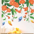 Floral wall sticker featuring orange flowers, green leaves and colorful butterflies on white wall - Orange Trumpet Creeper Butterfly (LD96065)