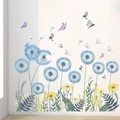Detailed wall sticker featuring blue dandelions, yellow daisies and flying butterflies - Blue Dandelion Butterfly Dragonfly (LD96120)