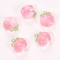 Five translucent pink resin peach charms with silver glitter and green leaves for DIY jewelry - Sparkly Pink