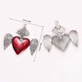 Detailed view of gothic winged heart pendant in silver alloy with red enamel center - Large Radiant Winged Heart (A5-161)