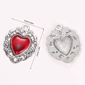 Detailed view of vintage silver heart pendants with red enamel and dimension markings - Vintage Floral Pattern Heart (A5-169)