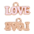 Detail of pink enamel LOVE pendants and gold-plated alloy charms for DIY jewelry making - Pink