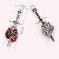 Detail of gothic sword through heart pendant showing front and back with dimensions - Skull & Sword Heart Pendant (A4-001)