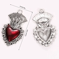 Detailed view of Gothic heart pendant with red resin inlay and vintage silver floral patterns - Vintage Embossed Heart Pendant (A5-186)