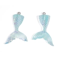 Colorful resin mermaid tail pendants with shimmering laser finish and metal rings for DIY jewelry - 43x28mm / Blue