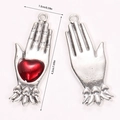 Detailed view of silver gothic hand charms with red heart inlay and size annotations - Palm Red Heart Charm (A5-188)