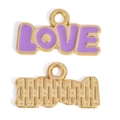 Macro view of gold-plated LOVE alloy charm with purple enamel finish and textured metal back - Purple / 20*11.5mm / 0.81g