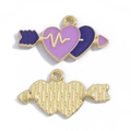 Pendentif cœur en alliage doré avec émail violet et bleu et motif battement de cœur - Flèche Double Cœurs (A7-398) / 15*27mm / Violet