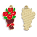 Pendentif bouquet en émail avec fleurs cœur rouges et dos en métal doré pour bijoux DIY - Bouquet de Roses (A7-396) / 27*15mm / Rouge