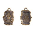 Detailed macro view of antique bronze alloy knight vest pendants with embossed crosses - Armor Shape (A4-073)