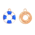 Detail of blue and white enamel lifebuoy pendant with golden alloy DIY jewelry link - Blue Lifebuoy (A5-387)