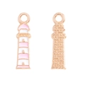 Detailed front and back view of a pink and white enamel lighthouse charm for DIY jewelry - Pink Lighthouse (A5-385)
