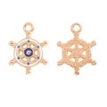 Detailed front and back view of gold nautical ship wheel pendant with blue enamel - Blue Ship Wheel (A5-383) / 18*13.5mm