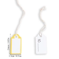 Detailed size chart of mini cardstock tags with cotton string and yellow border details - Mini White Label with Elastic String (A5-440)