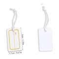 Detail view of small white paper gift tags with yellow border and hanging string - Yellow Border White Tag with Elastic String (A5-442)