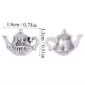 Macro view of 1.8cm silver alloy teapot pendant showing 'tea time' engraving and size details - A6-091-antique Silver/13*18mm/1.39g