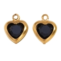 Detail of two heart-shaped black faceted glass charms with gold-plated frames for DIY jewelry - Gold-black / 10*8mm / 0.22g