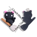 Front and back views of a black cat on a broomstick pendant with size measurements - Black Cat on Broom Style (A6-225)