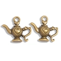 Close-up of vintage bronze alloy teapot charms with heart motifs for DIY jewelry making - Antique Bronze