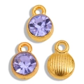 Macro detail of gold-plated round charms with light purple stones and ribbed texture - Gold Base Light Purple