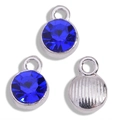 Detail of round blue crystal charms with silver metal bases and vertical texture - Antique Silver Base Royal Blue