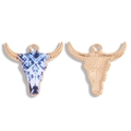 Detailed front and back view of golden bull head charms with blue floral pattern insets - Blue White Boho Pattern Style (A6-299-3-kcgold)