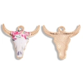 Macro view of floral printed bull head alloy pendants with golden back side and top ring - Multicolor Floral Style (A6-299-1-kcgold)