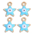 Light blue enamel evil eye star charms in gold finish for jewelry making, set of 4 pieces - Blue