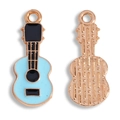 Light blue enamel guitar pendant with rose gold metal base showing front and back views - Blue