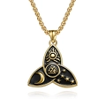 Golden Viking Valknut pendant necklace with celestial sun and moon relief carvings - With Necklace Chain / Gold