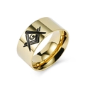 Polished gold stainless steel Freemason ring with black Masonic square and compass G symbol - Size 7 / Gold