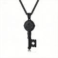 Men's black St. Benedict medal key pendant necklace in polished stainless steel finish - Black With 3*60cm Chain
