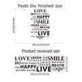 Dettaglio di adesivi murali con citazioni LOVE e SMILE nel formato finale 46x66cm - 30*90cm (FX-D353) / Nero