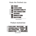 Dettaglio dell'adesivo murale da ufficio con testo Trust e dimensioni del layout finale - Adesivo Murale Valori Inglese (FX-D370)