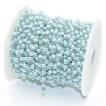 Light blue faux pearl bead chain with silver links on a white spool for DIY jewelry - 4mm Beads / Blue Beads - White K Chain