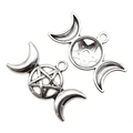 Silver triple moon pentagram pendant showing both front and back detail views - Antique Silver - Large Size / 29*17mm / 1.66g