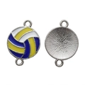 Blue and yellow enamel volleyball charm connector in silver alloy with double loops - A4-401/21*15mm/1.57g (thick Version)
